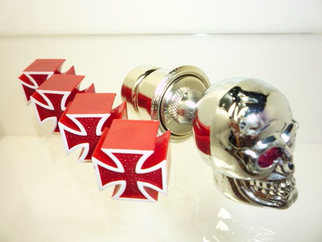 SKULL CAR CIGARETTE LIGHTER+RED CROSS VALVE STEM CAPS  