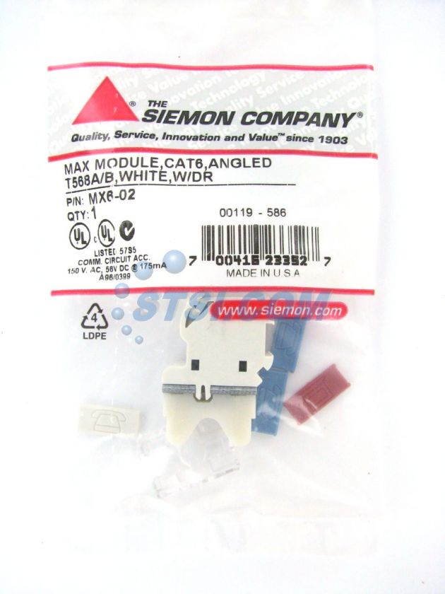 Siemon Cat6 Angled Jack Module, White MX6 02 ~STSI 700416233527  
