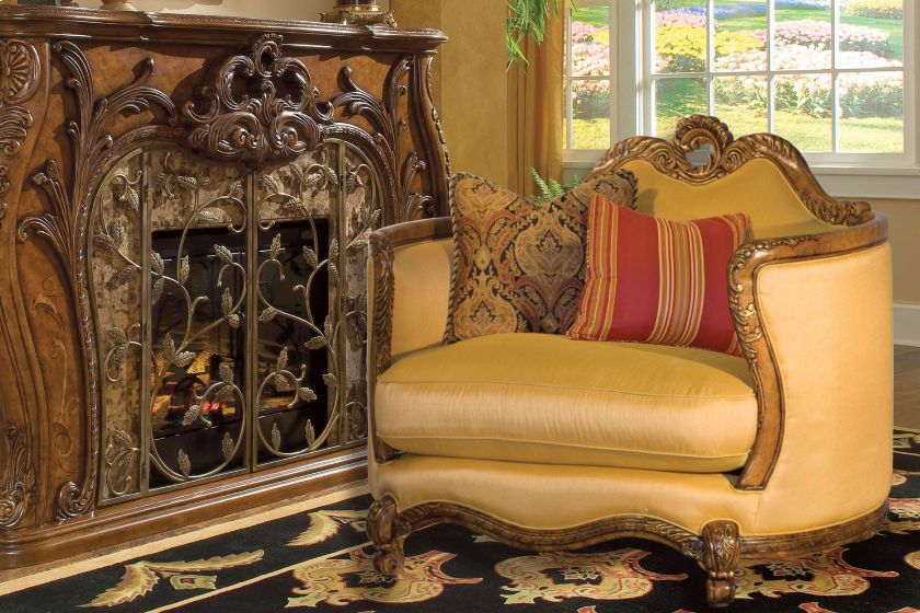   Palais Royale Rococo Cognac Finish Wood Trim Chair and Half  