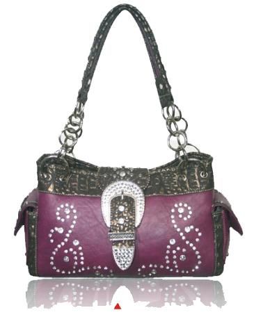 RHINESTONE DECORATED RUSTIC COUTURE PURPLE HANDBAG AND WALLET SET PE 