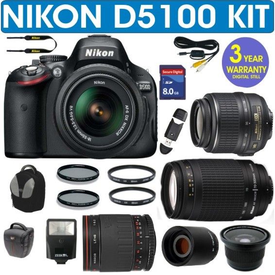 REFURBISHED NIKON D5100 + 5 LENS KIT + 8GB MEMORY CARD 018208919758 