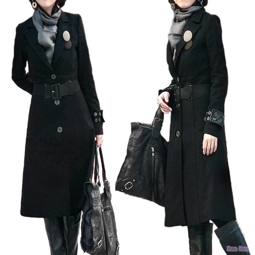 Black Ladies NEW Trench Wool Blend Jacket Coat  