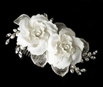 Twin Rose Pearl & Rhinestone Bridal Headpiece Comb  