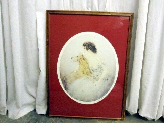Antique Print by Louis Icart French Art Deco Drawing of Lady & Dog w 