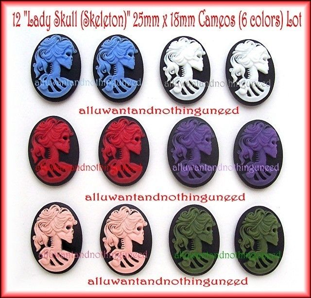 12 GOTH PUNK LADY SKULL (6 PAIR) 25mm x 18mm CAMEOS LOT  