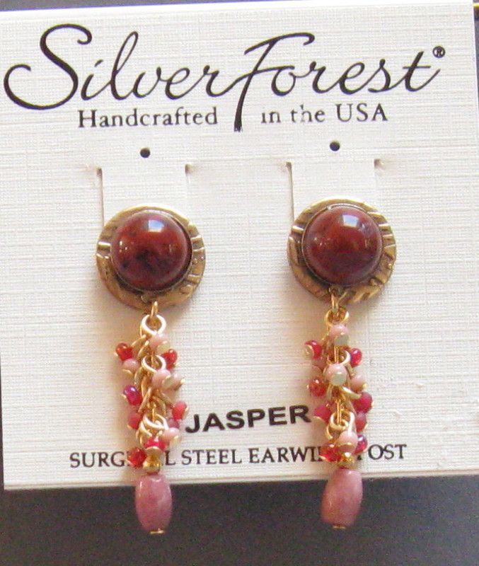 POPPY JASPER & BEAD DANGLE POST EARRINGS  SILVER FOREST NE 0216  