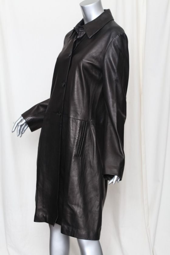 BARNEYS NEW YORK Womens Black Long LAMBSKIN LEATHER Coat Jacket L 