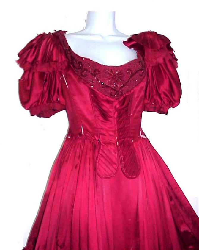 CIVIL WAR WESTERN FRONTIER 1880s PERIOD RED SATIN GOWN  