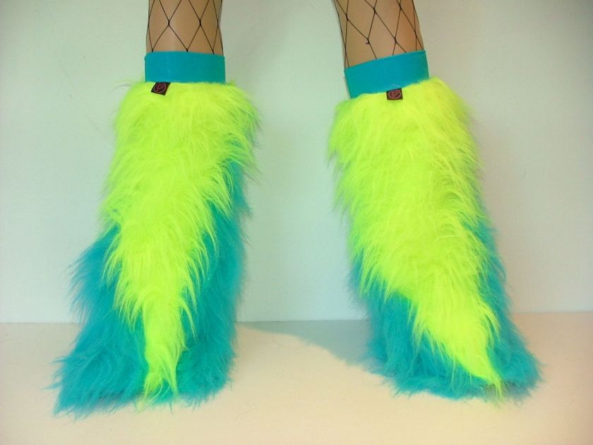  TURQUOISE UV YELLOW FLUFFY LEGWARMERS FANCY DRESS RAVE BOOTS COVERS