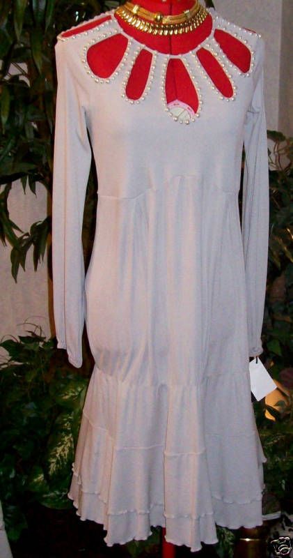 NEW MOSCHINO $695 PALE GRAY SILK DRESS W/PEARLS SZ 8  