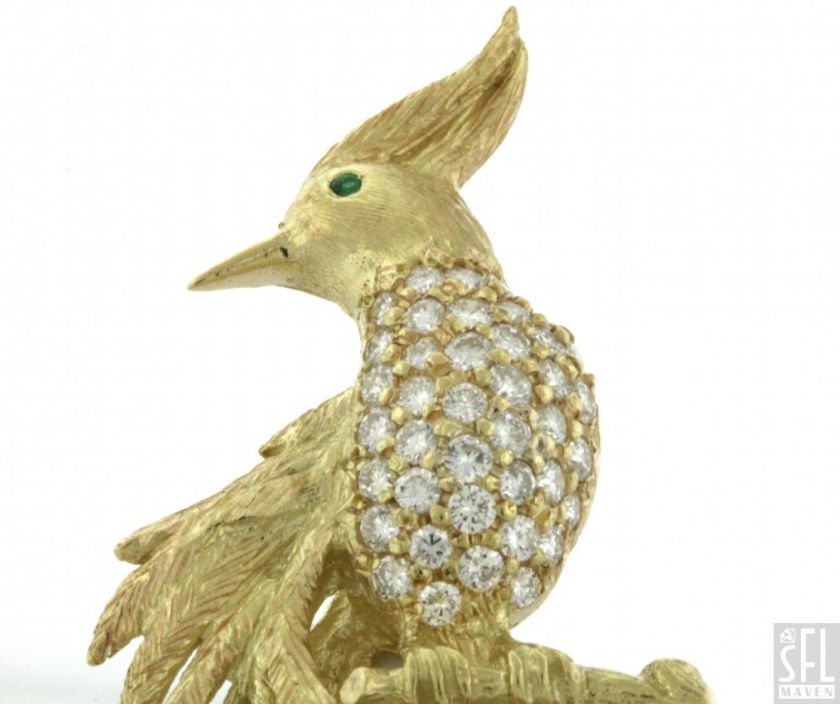   18K GOLD 1.40CT VS1/F DIAMOND/EMERALD PHEASANT BIRD BROOCH  