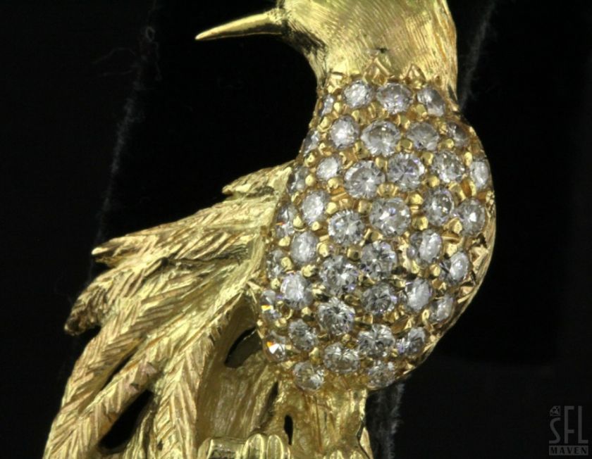 HEAVY 18K GOLD 1.40CT VS1/F DIAMOND/EMERALD PHEASANT BIRD BROOCH 