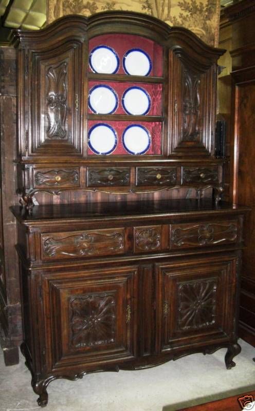 Antique Country French Hand Carved Solid Walnut Vassilier Cupboard w 