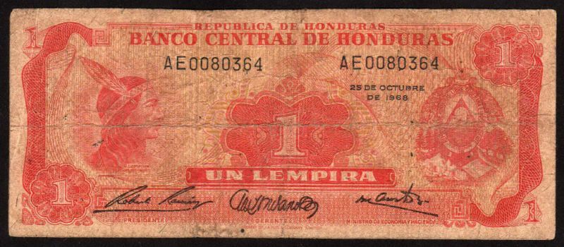 Honduras 1 Un Lempira Banknote 1968 Rare P 55a  