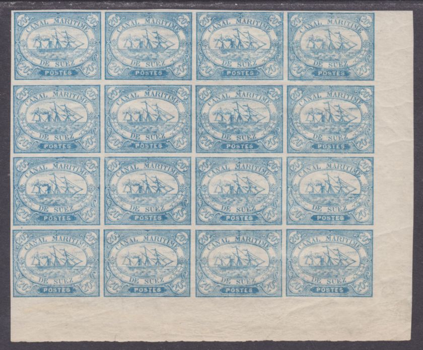 Suez Canal Co. SG 3 MNH. 1868 20c blue Steamship, Corner Block of 16 