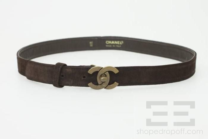 Chanel Brown Suede & Brass Monogram Buckle Belt Size 80/32  