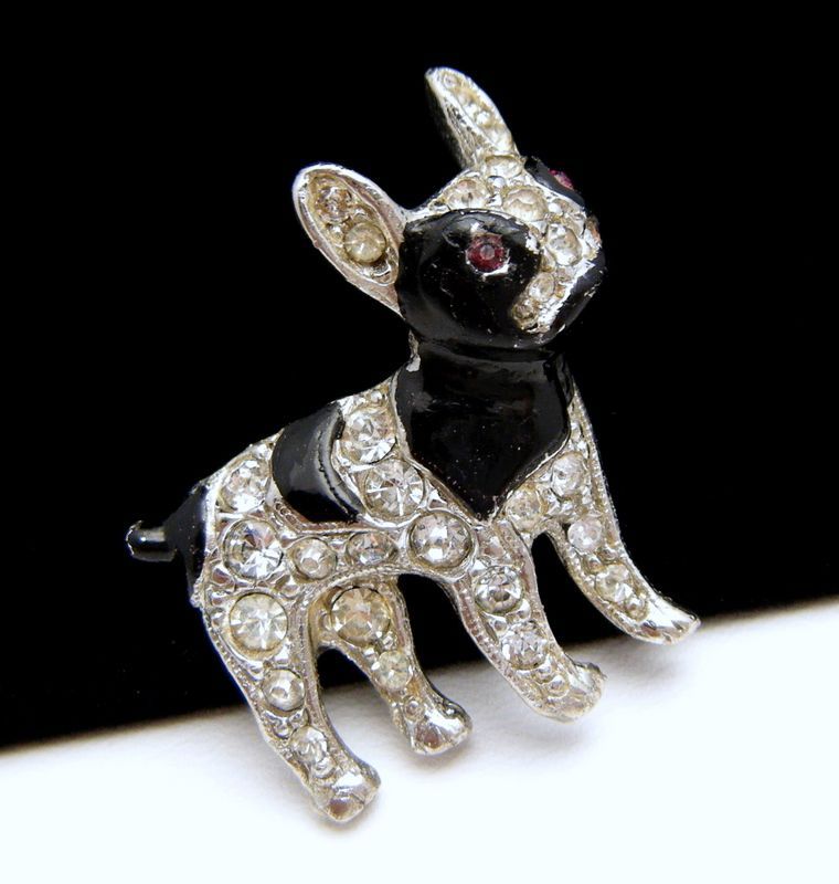 Vintage Enamel Rhinestone Dog Figural Brooch Boston Terrier  