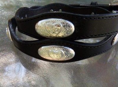 Silver Creek Classics Black Leather Belt /Heart oval conchos/Engraved 