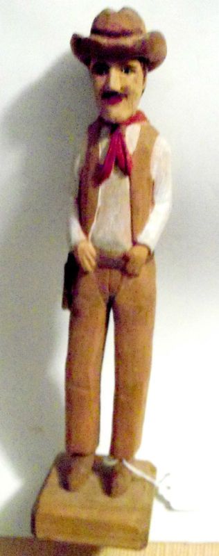 Handcarved Wooden Cowboy, chaps, spurs, hat, 11 1/2 H  