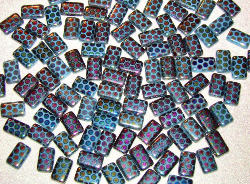 CZECH PRESSED GLASS PEACOCK BEADS AQUA BLUE AB DOTS 10  