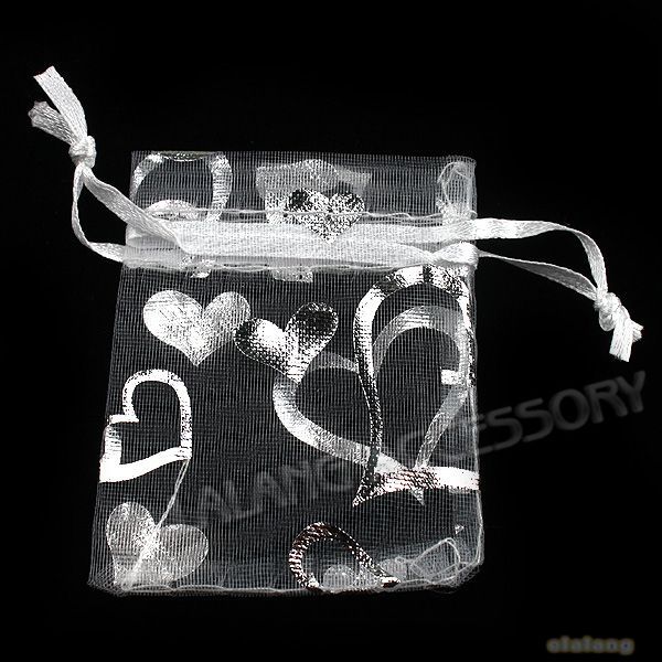50x Charms White Heart Love Organza Wedding Pouch Favors Gift Bags 5 