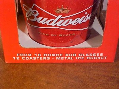 BUDWEISER BEER PUB GLASSES & ICE BUCKET SET NEW NIB  