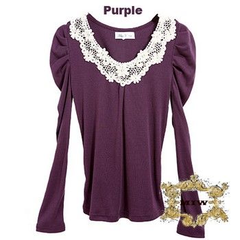 New Women Fashion Dark purple Cotton & Lace Puff Sleeves Top *Free 