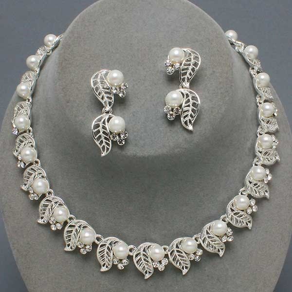   Floral Motifs Silver Rhinestone Choker Collar Earrings Necklace  
