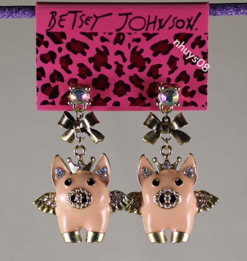 Betsey Johnson Angel Wings PIG Pink Crystals Earring  