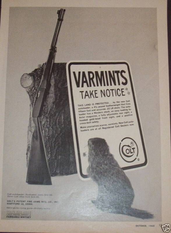 1963 COLT AUTOLOADER .22 RIFLEVARMINTS NOTICE AD ART  