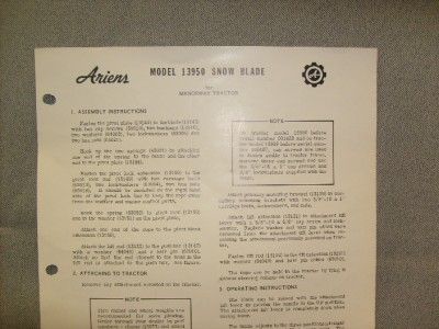 ARIENS SNOW BLADE ASSEMBLY , OPERATING & PARTS MANUAL MODEL 13950 