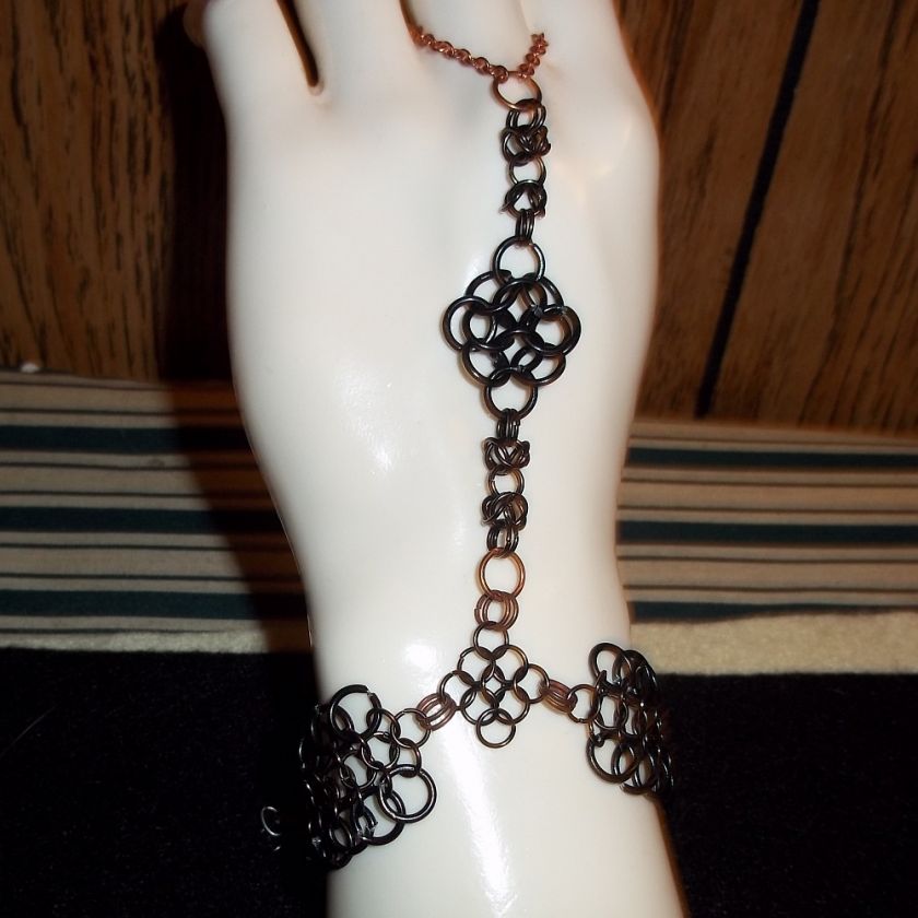 Black Celtic Rose Chainmail Slave Bracelet Handflower Goth SCA Punk 