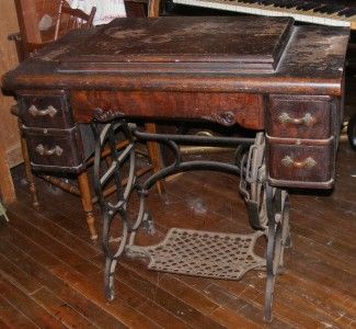   Wood Sewing Table Cabinet ONLY w/4 Drawers &Metal Treadle Pedal  