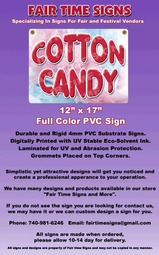 COTTON CANDY Concession Sign   Rectangle PVC Full Color Laminated Sign 