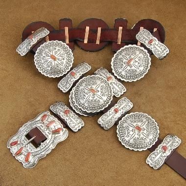 Red Coral Silver Concho Belt by Navajo Artist Emerson.  