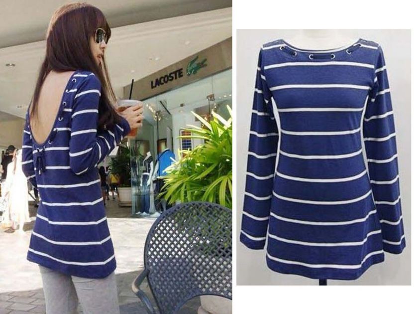 Sexy Backless Stripes Long Sleeve T shirt Womens Tops Casual T shirts 