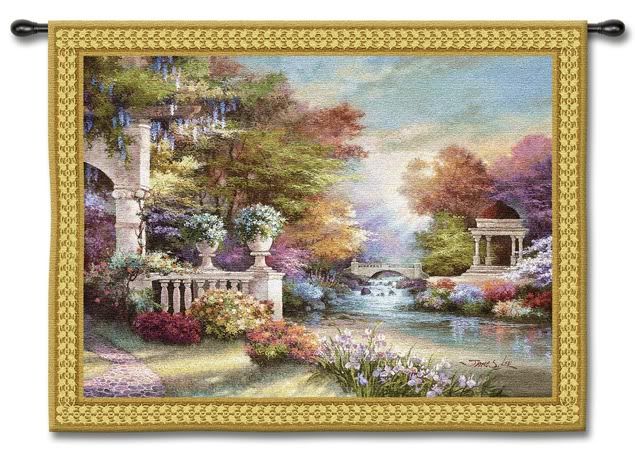 FLORAL GARDEN PERGOLA BRIDGE ART TAPESTRY WALL HANGING  