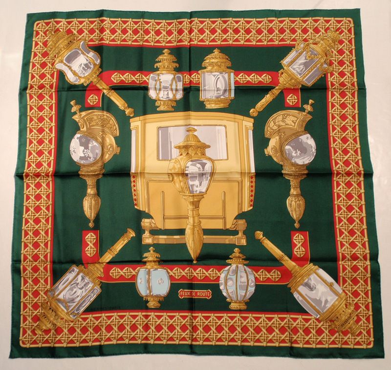 HERMES Green, Gold & Red Lantern Print Silk Scarf,  Feux de Route 