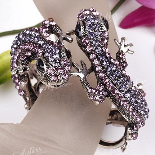 Purple Crystal 2 Lizard Animal Hinged Bracelet Bangle  