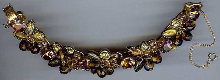   VINTAGE WILD LEOPARD GOLD ART GLASS & RHINESTONE DANGLE BEADS BRACELET