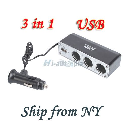 IN 1 Way Car Cigarette Lighter Power Spliter With 1 USB Port 3 way 