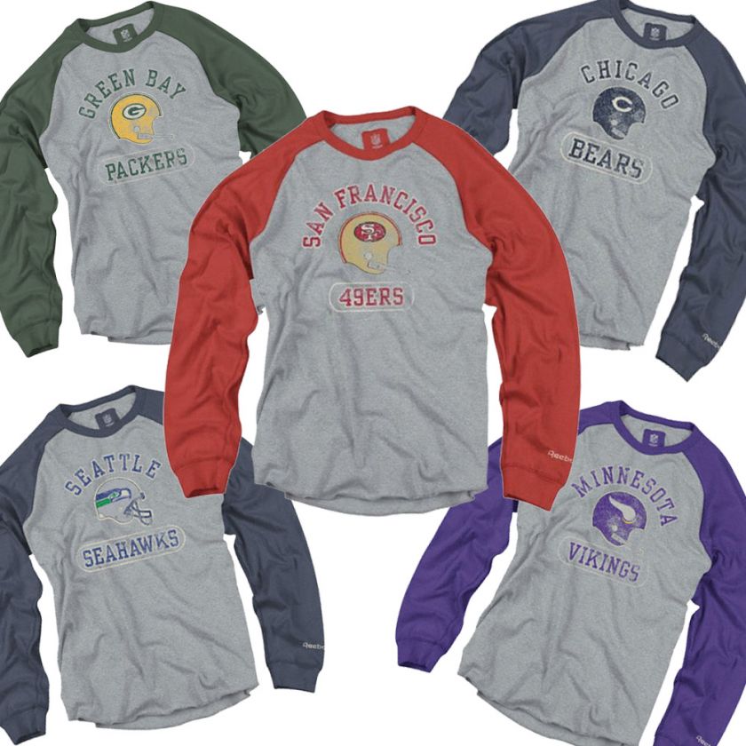 Assorted NFL Shirts Raglan Reebok Long Sleeve Crew Many Teams, Colors 