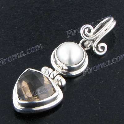 SMOKEY QUARTZ PEARL 925 STERLING SILVER pendant  