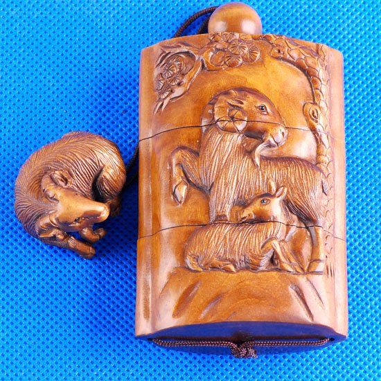 Japanese Carved Wood Boxwood Inro Sheep Netsuke Carving  