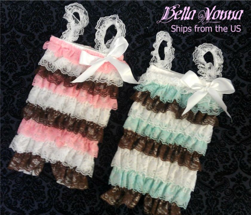 Lace Romper w shoulder straps & bow Multi Color Pink Brown White Aqua 