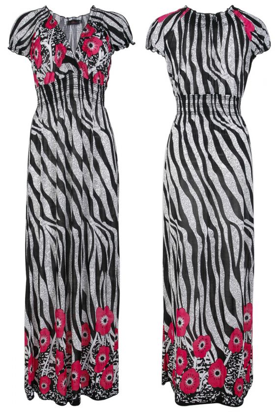 NEW WOMENS FLORAL ZEBRA PRINT STRETCH LADIES LONG MAXI DRESS SIZE 10 